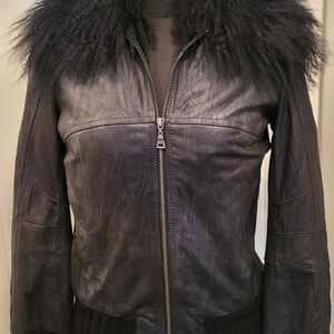 Danier Black Leather Jacket with soft sheep fur Collar